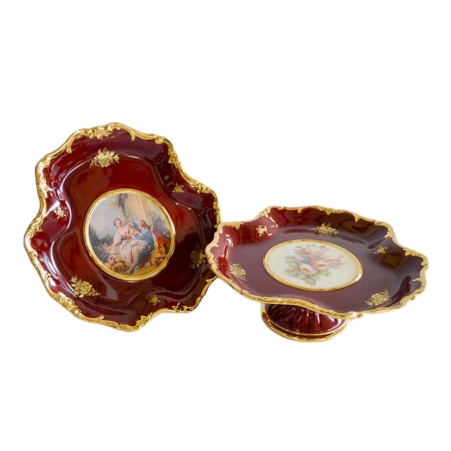 BC Limoge - Plate With Base - Flowers - Red&Gold - 13x31 cm