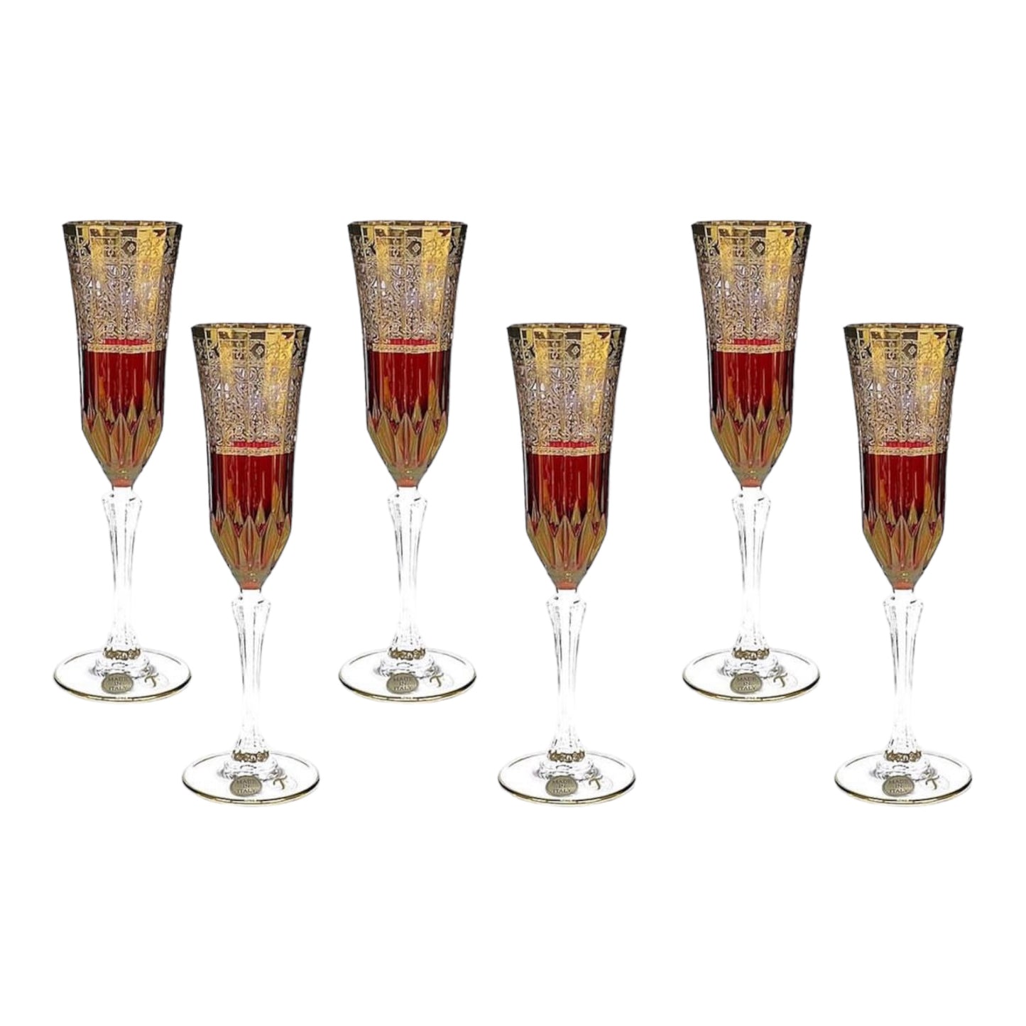 Italian Crystal - Flute Glass Set 6 Pcs - Red&Gold