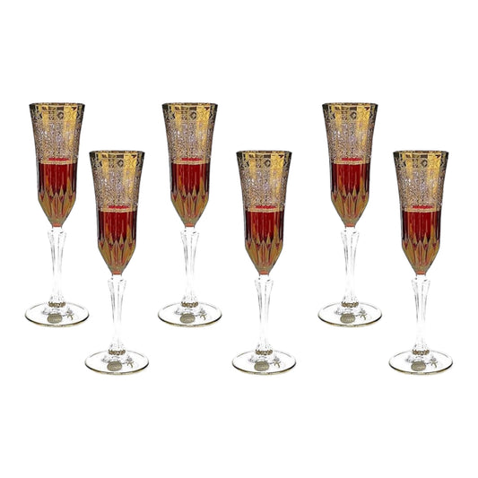 Italian Crystal - Flute Glass Set 6 Pcs - Red&Gold