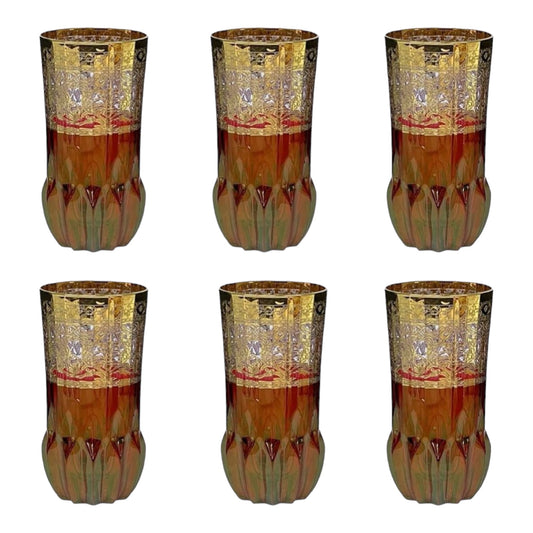 Italian Crystal - Highball Glass Set 6 Pcs - Red&Gold