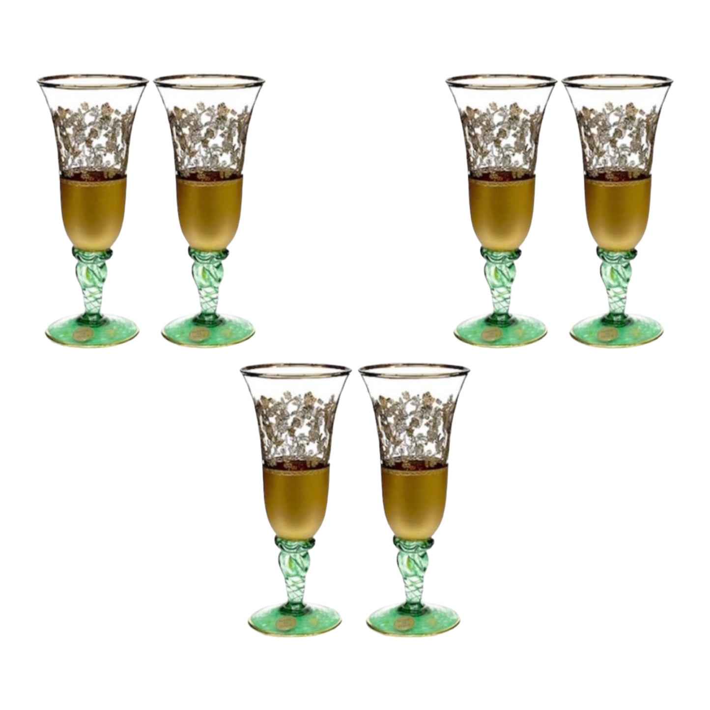 Italian Crystal - Flute Glass Set 6 Pcs - Green&Gold