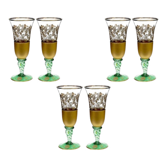 Italian Crystal - Flute Glass Set 6 Pcs - Green&Gold