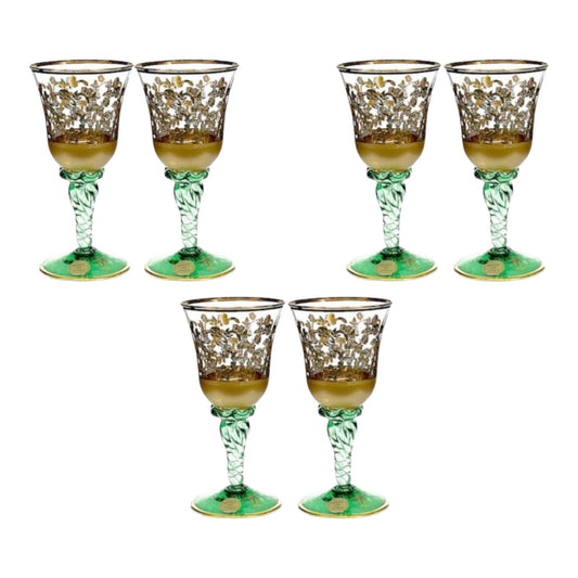 Italian Crystal - Goblet Glass Set 6 Pcs - Green&Gold