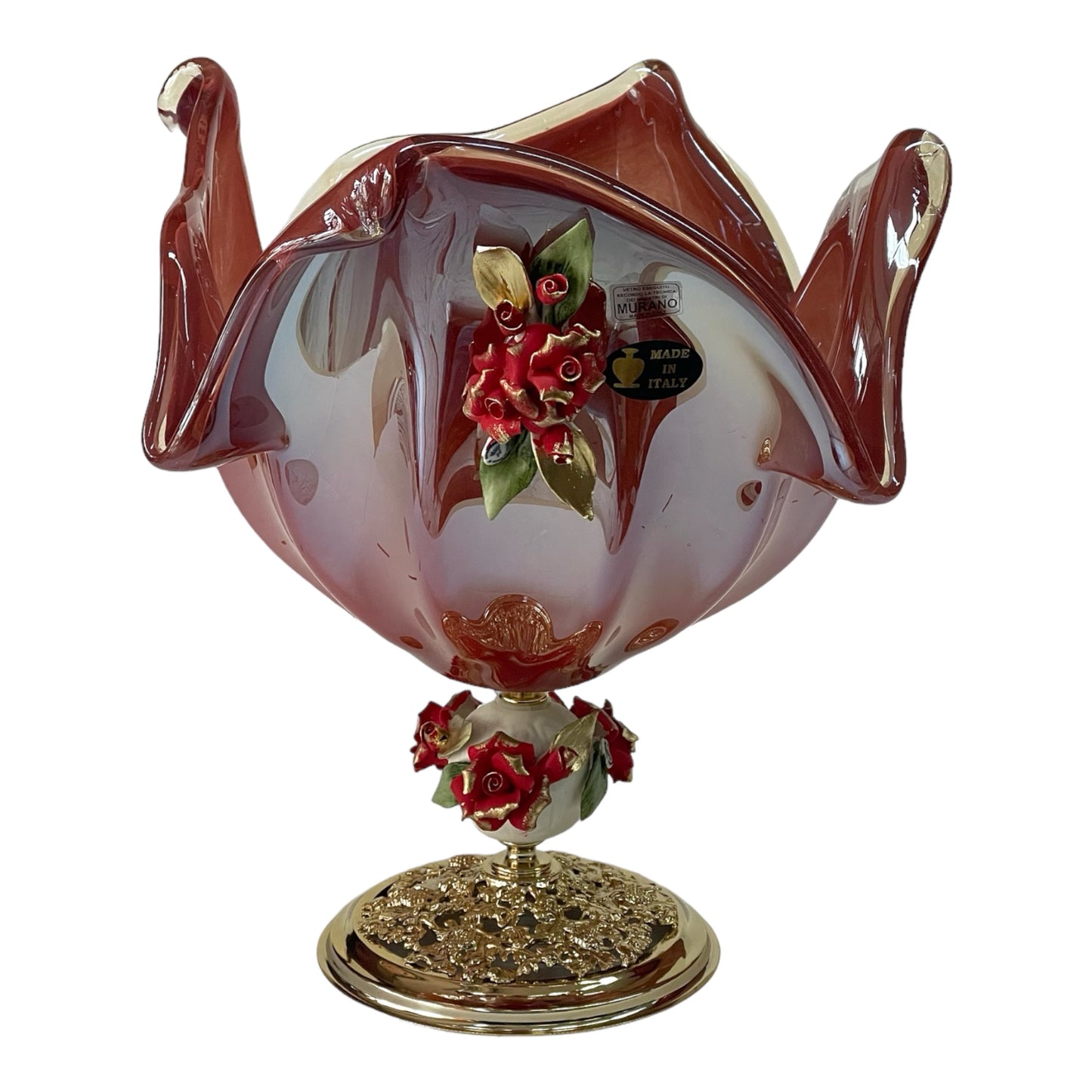 White Crystal - Large Murano Plate With Bronze Base - Red&Floral Design - 35x36cm