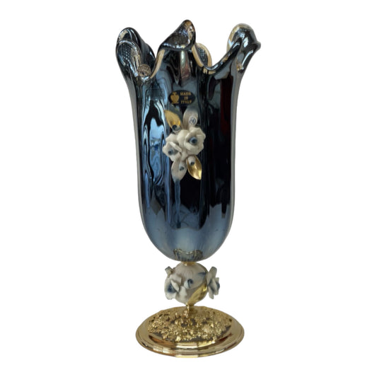 White Crystal - Murano Vase With Bronze Base - Blue&Floral Design  - 45 cm