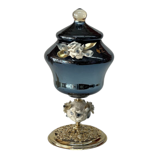 White Crystal - Medium Murano Bonbonniere With Cover and Bronze Base - Blue&Floral Design - 35x15 cm