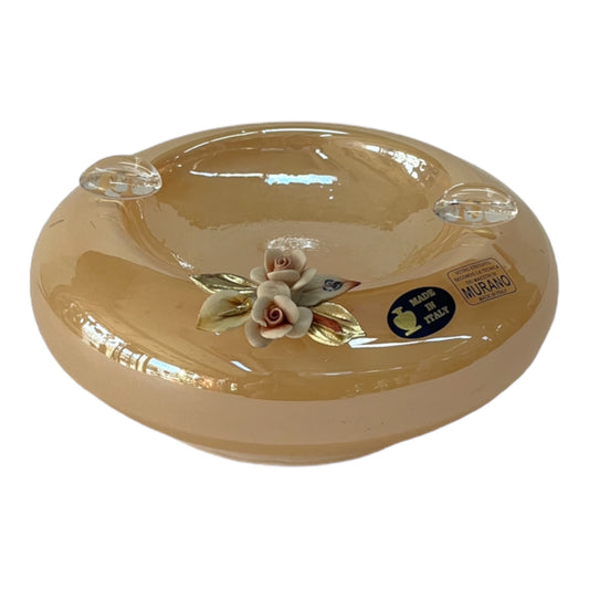 White Crystal - Ashtray Murano With Bronze Base - Beige&Floral Design - 17 cm