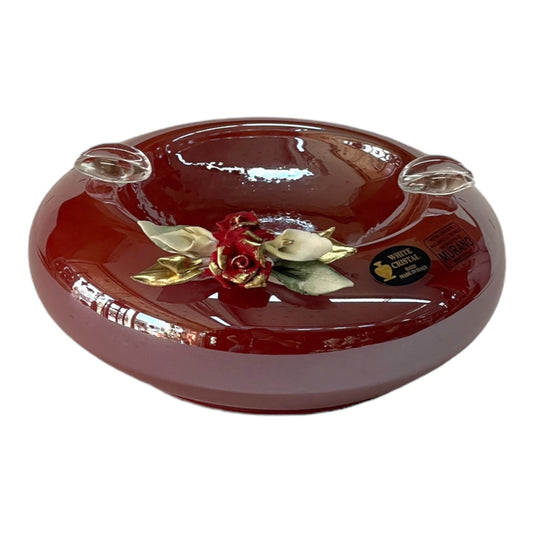 White Crystal - Ashtray Murano With Bronze Base - Red&Floral Design - 17 cm