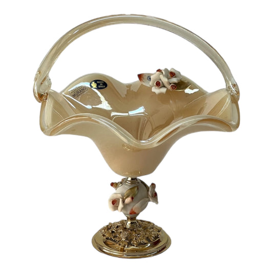 White Crystal - Medium Murano Basket With Bronze Base and Handle- Beige&Floral Design - 25x30cm