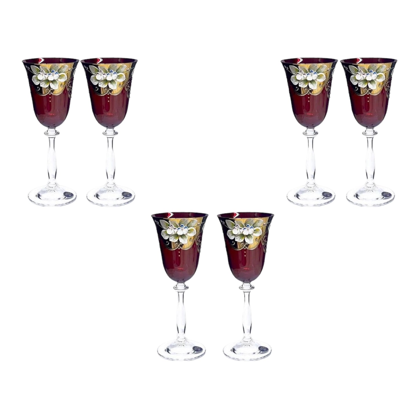 Bohemia Crystal - Goblet Glass Set 6 Pcs - Red&Floral Design&Gold