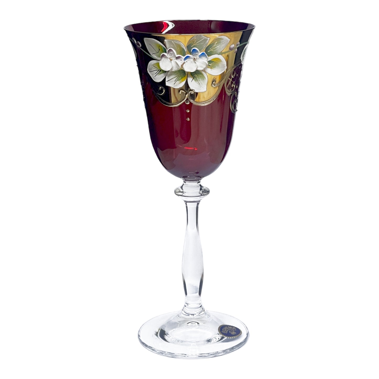 Bohemia Crystal - Goblet Glass Set 6 Pcs - Red&Floral Design&Gold