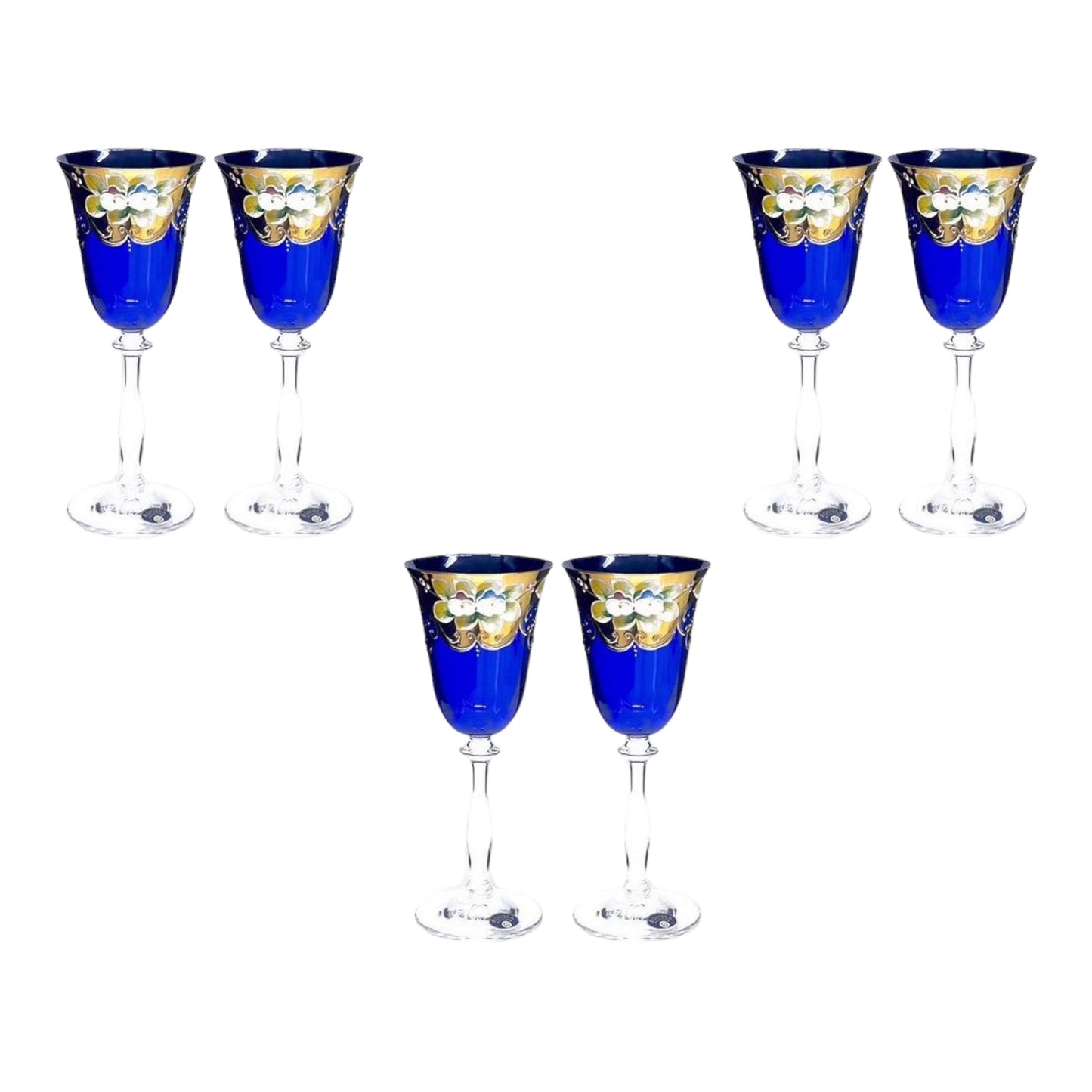 Bohemia Crystal - Goblet Glass Set 6 Pcs - Blue&Floral Design&Gold