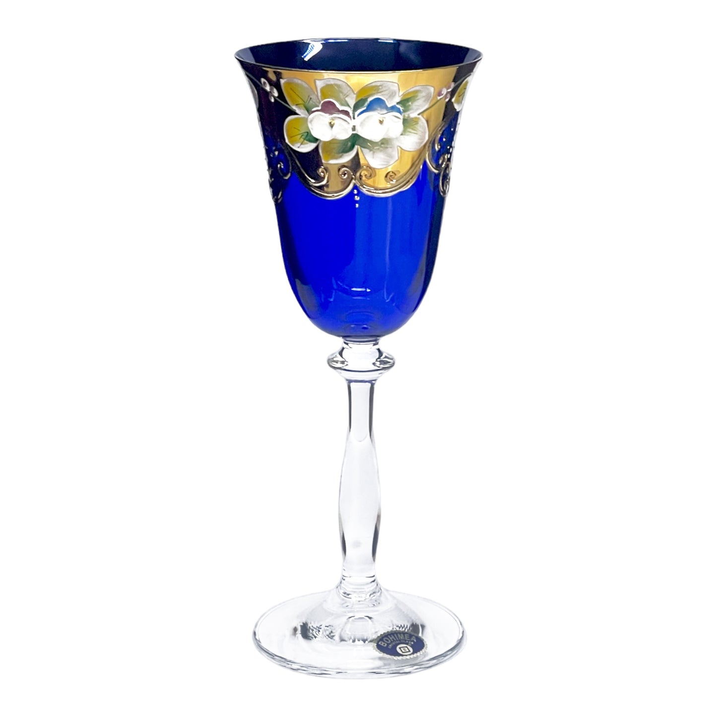 Bohemia Crystal - Goblet Glass Set 6 Pcs - Blue&Floral Design&Gold