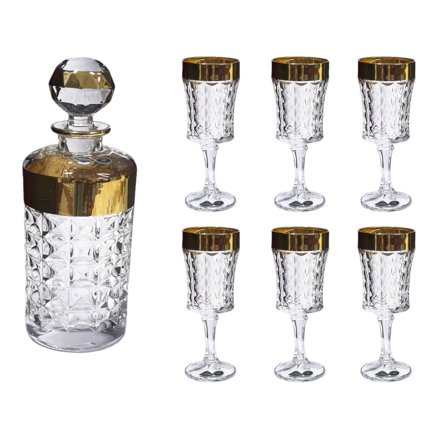 Bohemia Crystal - Diamond Glass Set 7 Pcs - Gold