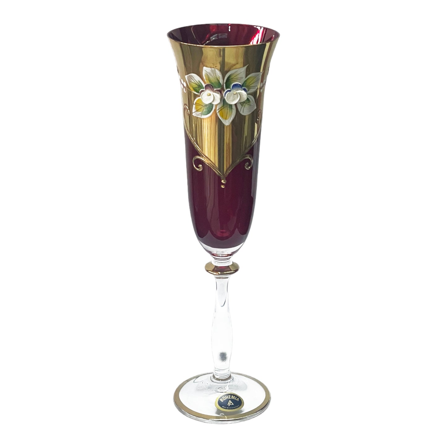 Bohemia Crystal -  Flute Glass Set 6 Pcs - Red&Floral Design&Gold