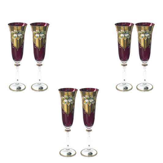 Bohemia Crystal -  Flute Glass Set 6 Pcs - Red&Floral Design&Gold