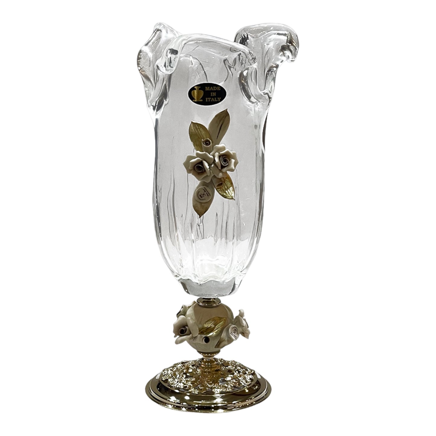 White Crystal - Murano Vase With Bronze Base - Floral Design - 37 cm