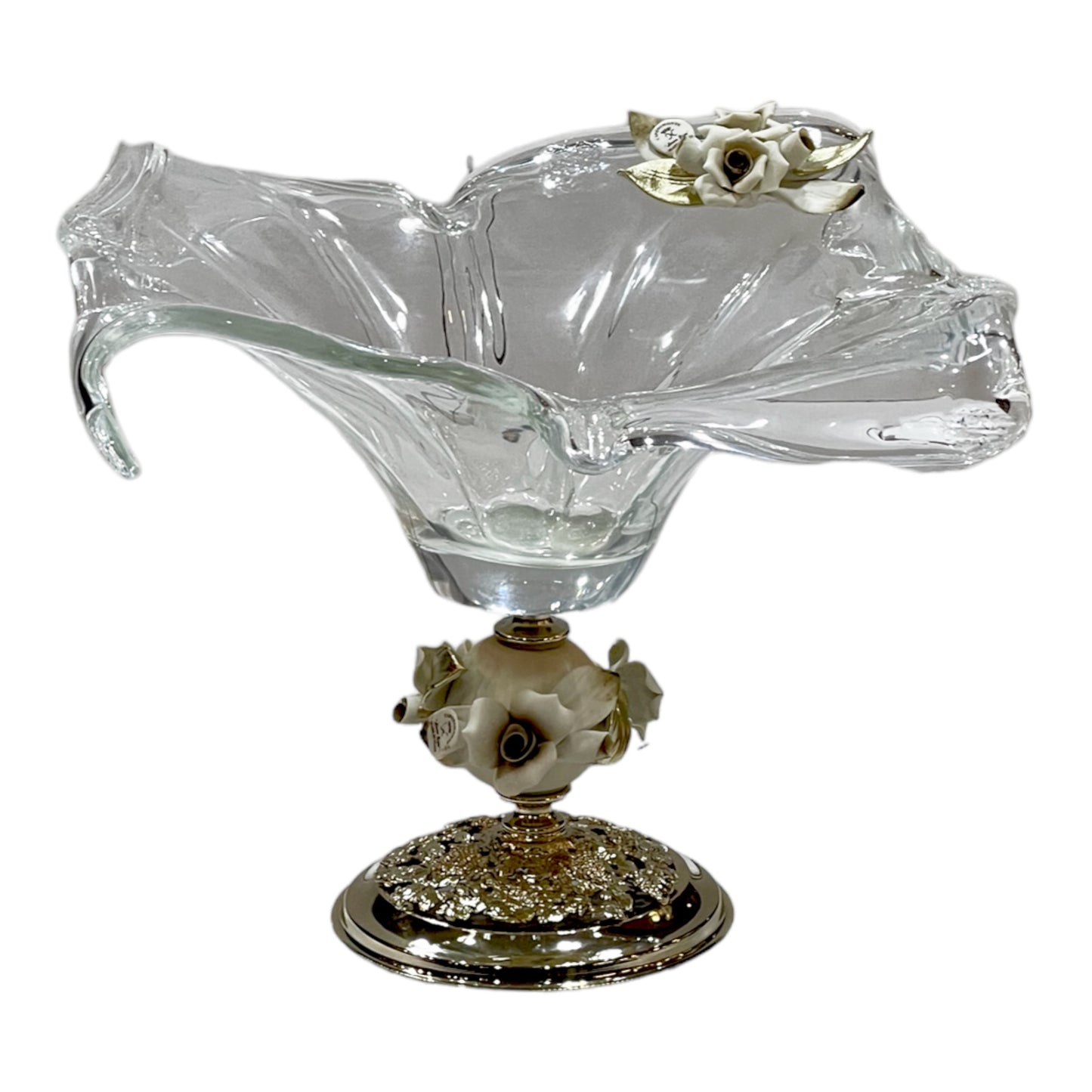 White Crystal - Murano Plate With Bronze Base - Floral Design - 24 cm