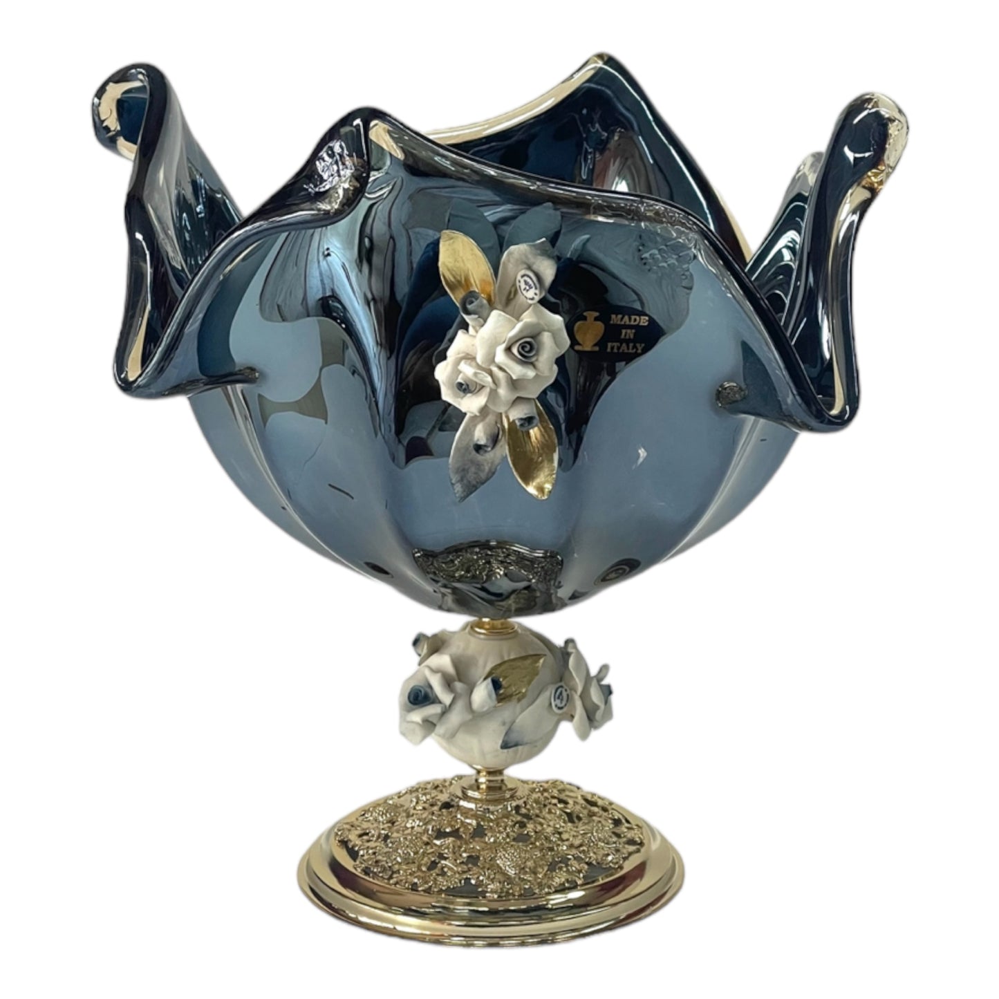 White Crystal - Large Murano Plate With Bronze Base - Blue&Floral Design - 35x36cm