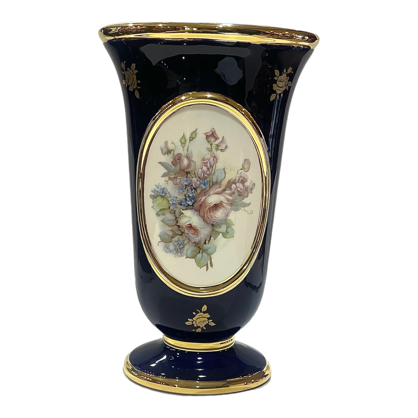 BC Limoge - Vase With Base - Flowers - Blue&Gold - 35 cm