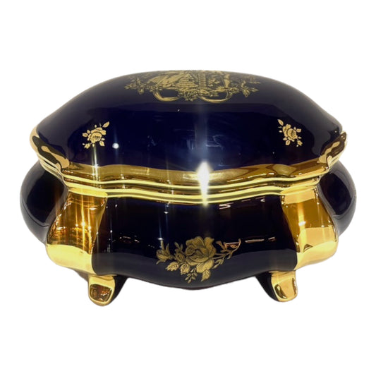 BC Limoge - Oval Bonboniere With Cover and Legs - Romeo&Juliet - Blue&Gold