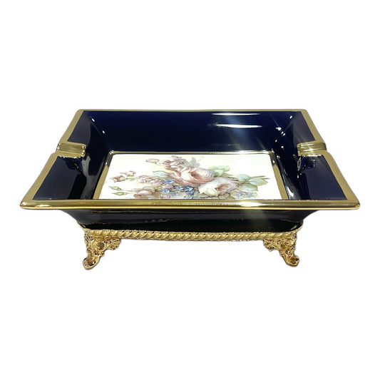 BC Limoge - Square Ashtray With Legs - Flowers - Blue&Gold