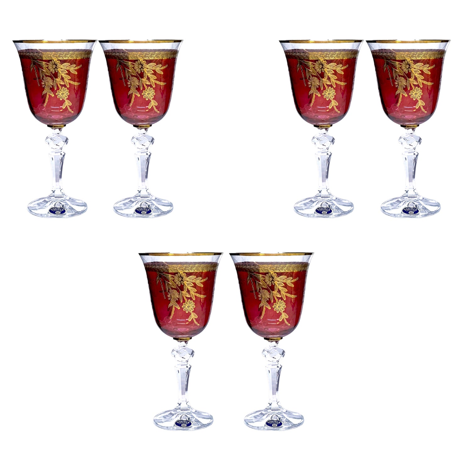 Bohemia Crystal - Goblet Glass Set 6 Pcs - Red&Gold