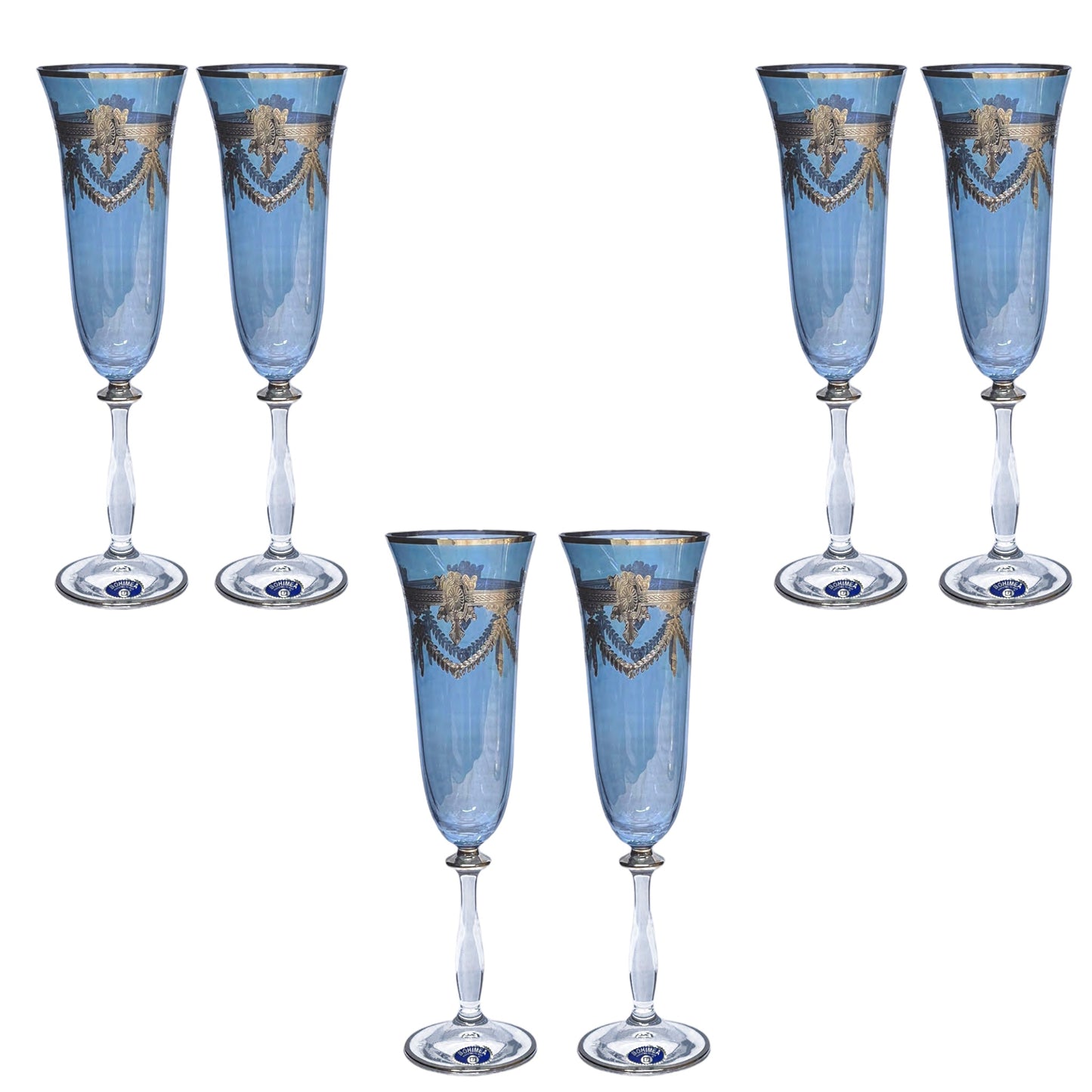 Bohemia Crystal - Flute Glass Set 6 Pcs - Blue&Silver