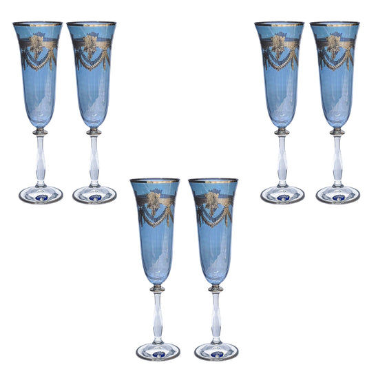 Bohemia Crystal - Flute Glass Set 6 Pcs - Blue&Silver