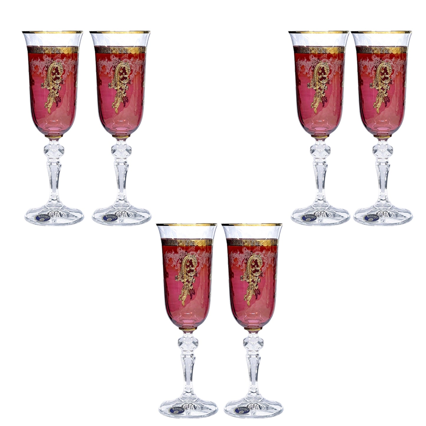 Bohemia Crystal - Flute Glass Set 6 Pcs - Red&Gold