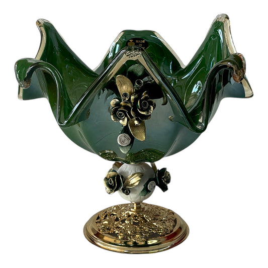 White Crystal - Medium Murano Plate With Bronze Base - Green&Floral Design - 33x32 cm