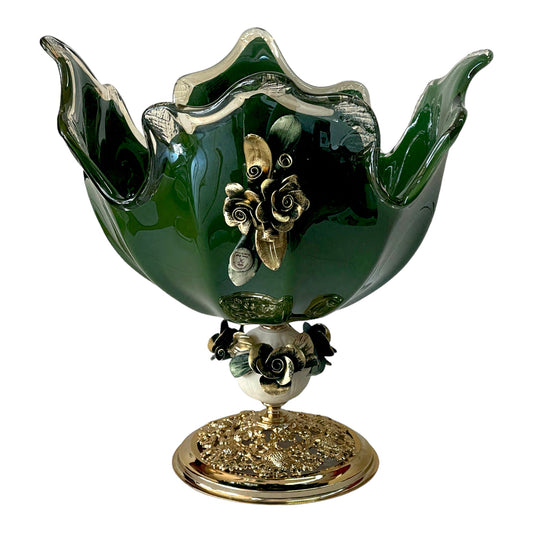 White Crystal - Large Murano Plate With Bronze Base - Green&Floral Design - 33x33cm