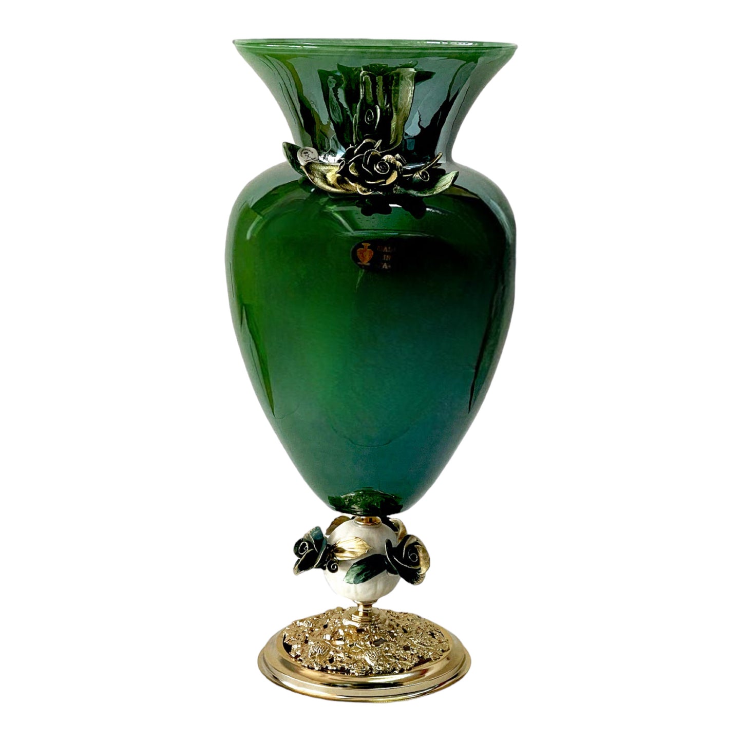 White Crystal - Murano Vase With Bronze Base - Green&Floral Design - 46x20cm