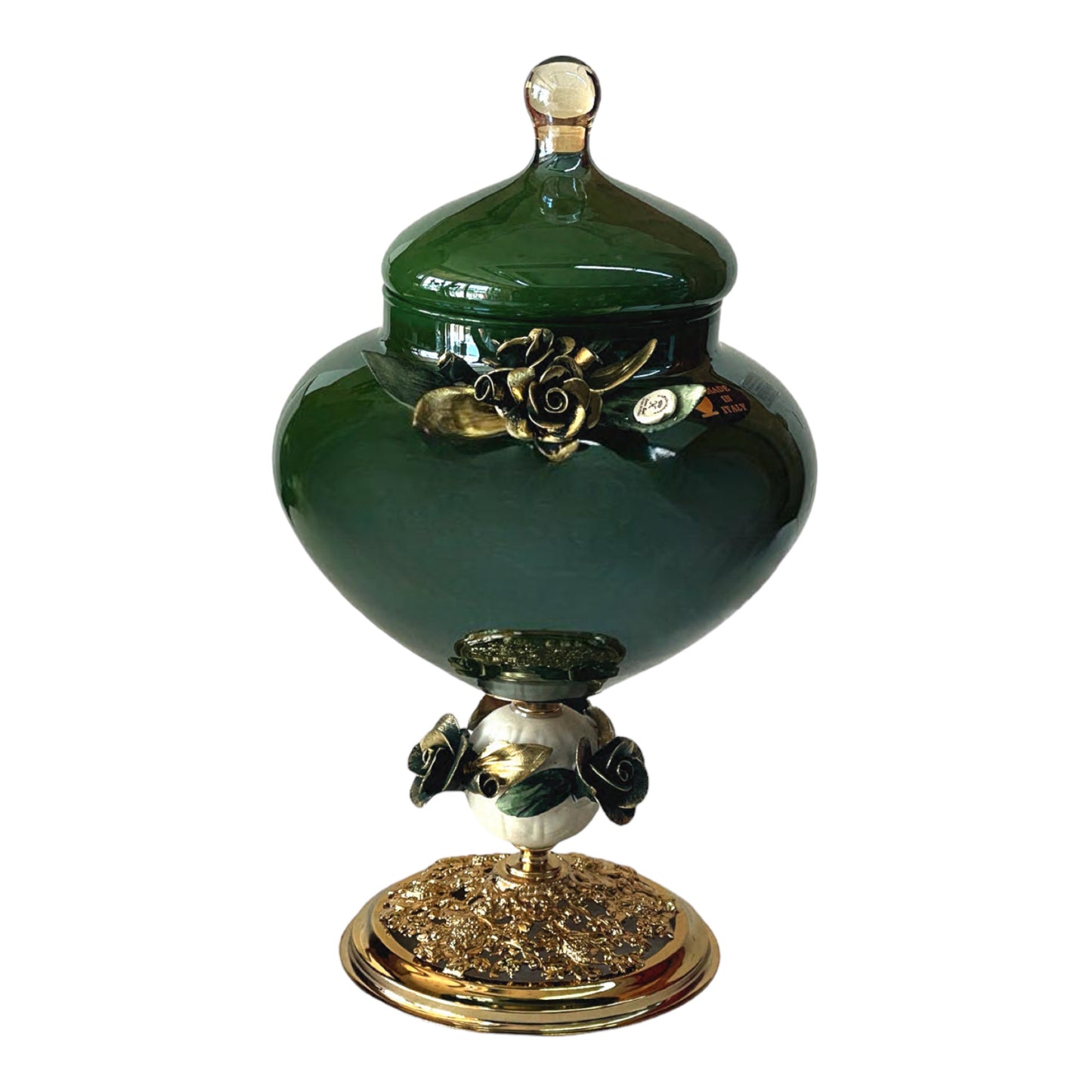 White Crystal - Large Murano Bonbonniere With Cover and Bronze Base - Green&Floral Design - 37x23 cm