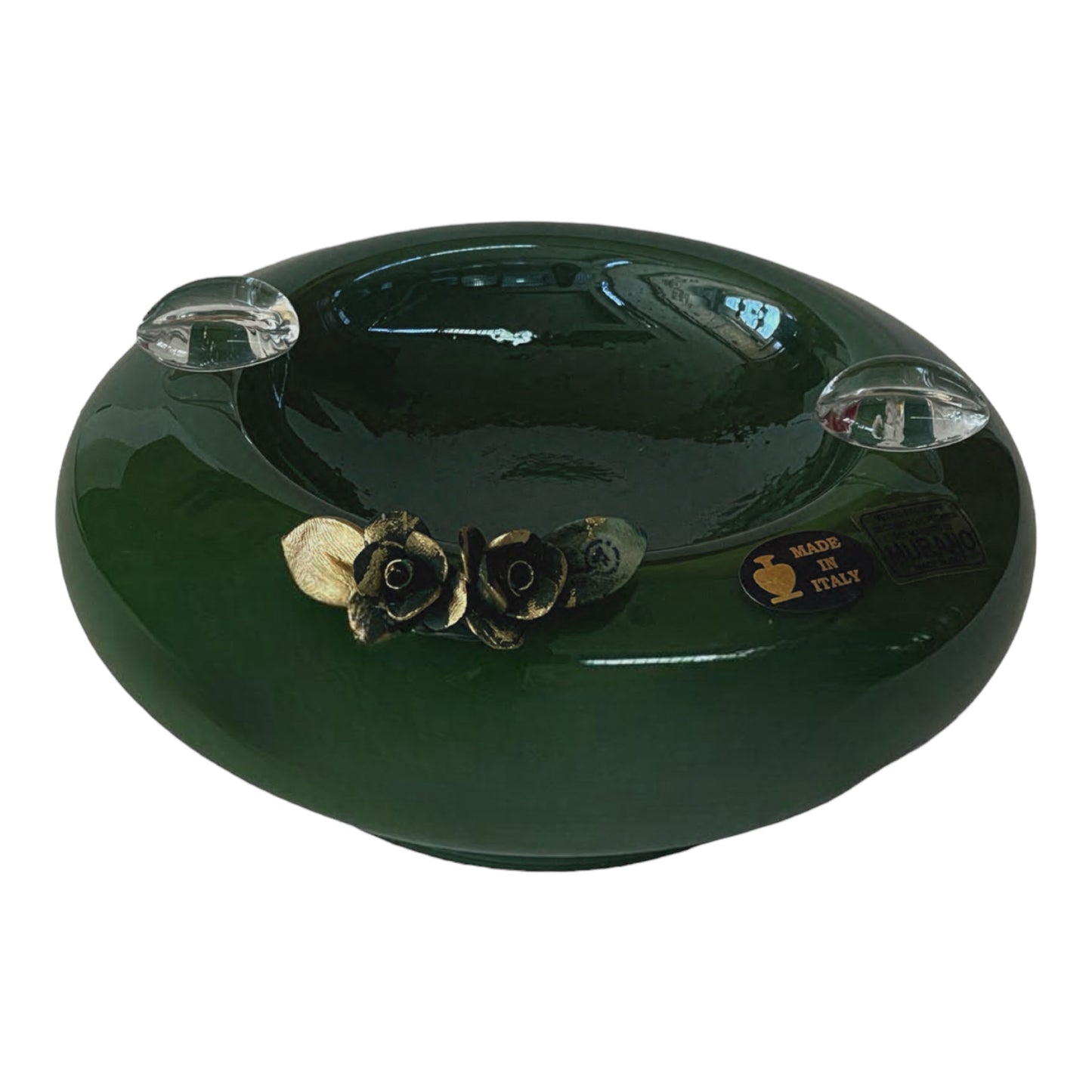 White Crystal - Ashtray Murano With Bronze Base - Green&Floral Design - 17 cm