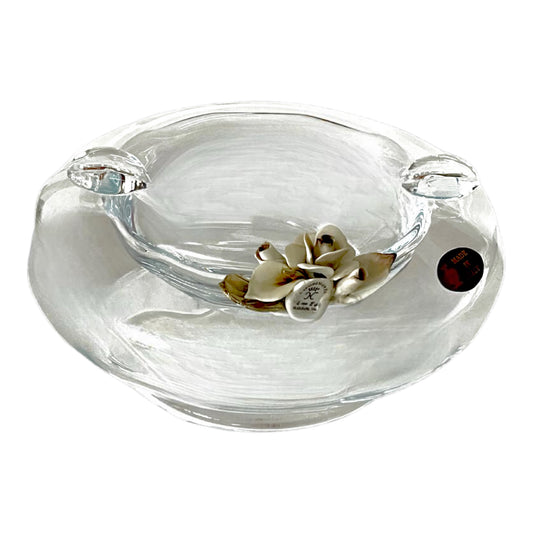 White Crystal - Ashtray Murano With Bronze Base - Floral Design - 17 cm