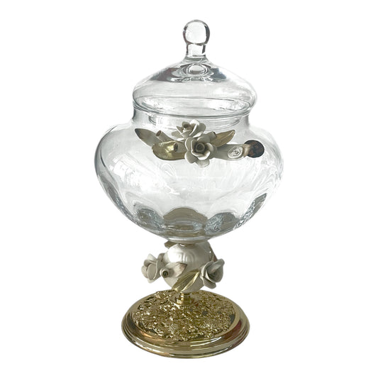 White Crystal - Large Murano Bonbonniere With Cover and Bronze Base - Floral Design - 37x23 cm