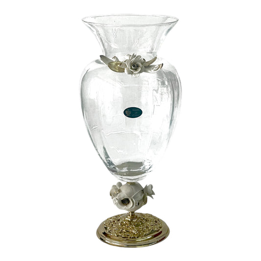 White Crystal - Murano Vase With Bronze Base - Floral Design - 46x20cm