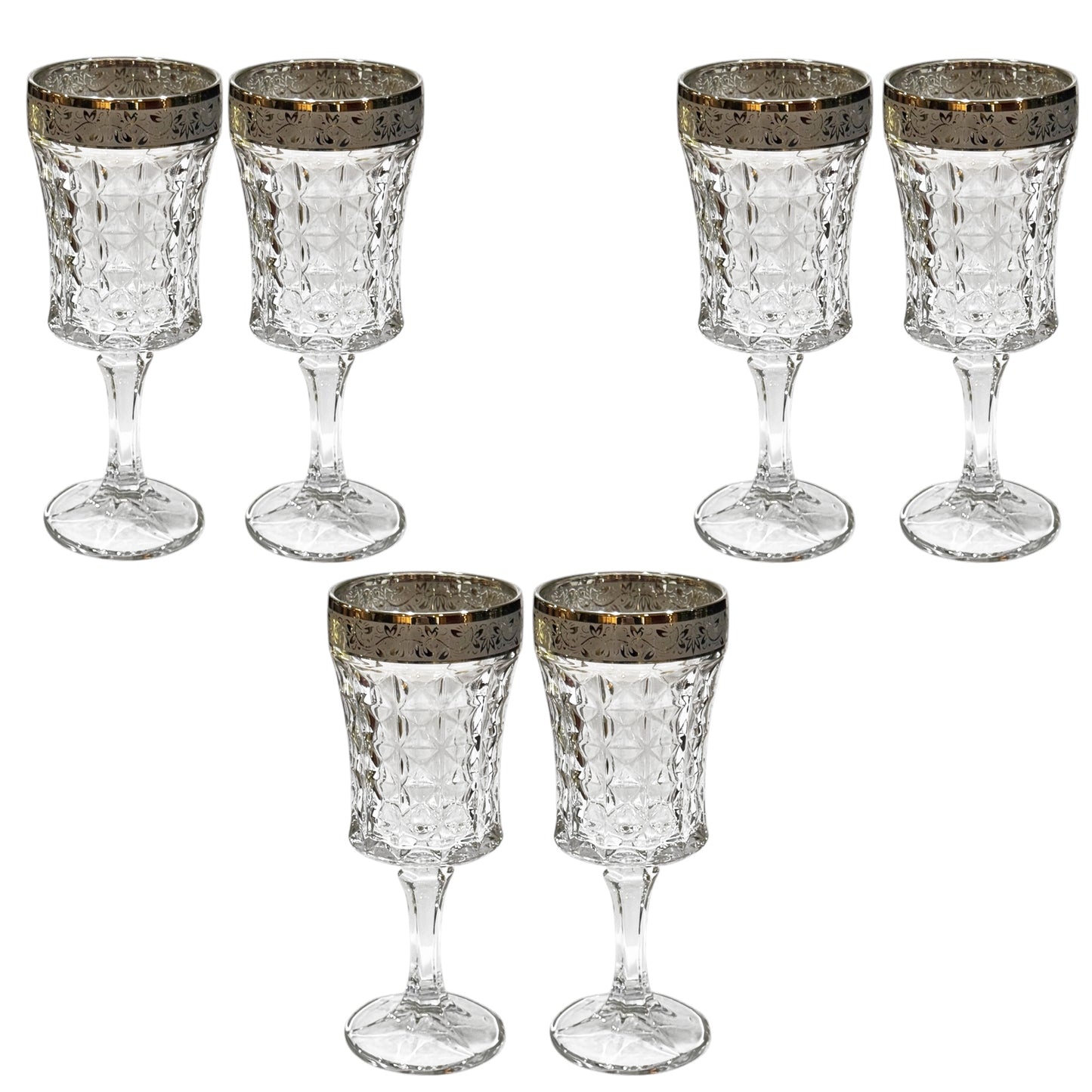Bohemia Crystal - Diamond Goblet Glass Set 6 Pcs - Silver