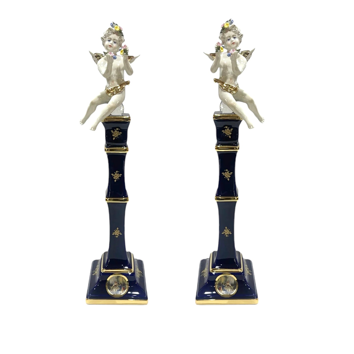 Candle Holder 2 Pieces- Romeo&Juliet With Angel - Blue&Gold - 50 cm