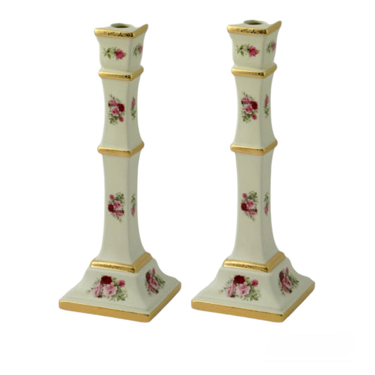 BC Limoge - Candle Holder 2 Pieces - Flowers - Beige&Gold - 37x13 cm