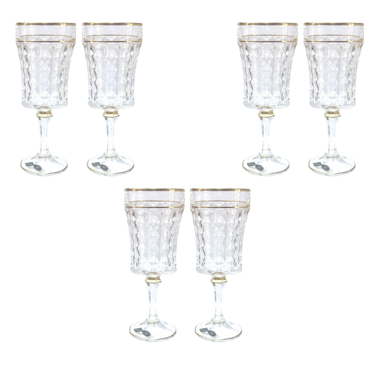 Bohemia Crystal - Diamond Goblet Glass Set 6 Pieces- Gold