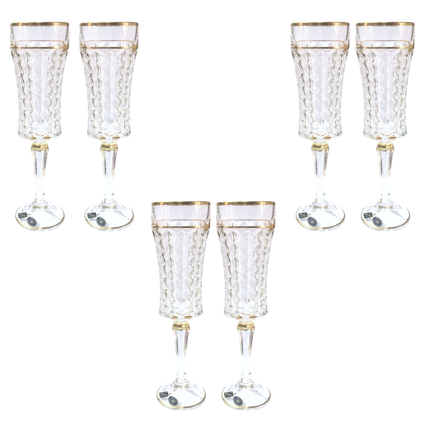 Bohemia Crystal Diamond Flute Glass Set 6 Pieces - Gold