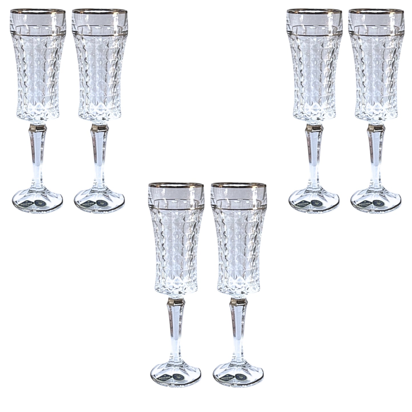 Bohemia Crystal Diamond Flute Glass Set 6 Pieces- Silver