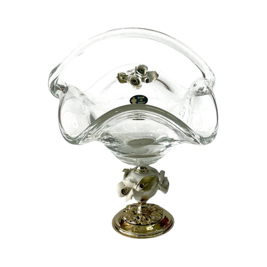 White Crystal - Medium Murano Basket With Bronze Base and Handle - Floral Design - 25x30 cm