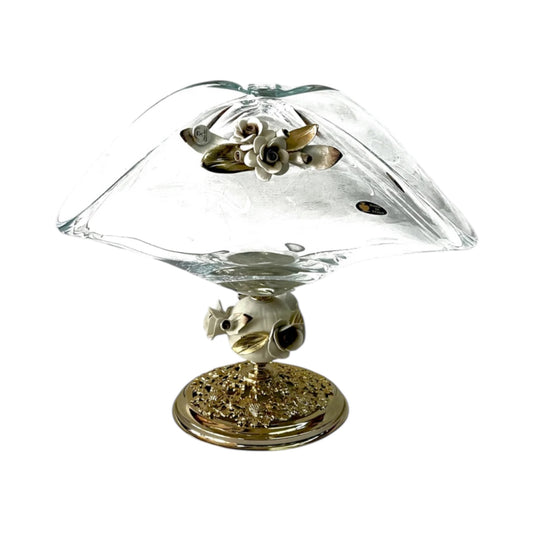 White Crystal - Large Murano Basket With Bronze Base - Floral Design - 28x34 cm