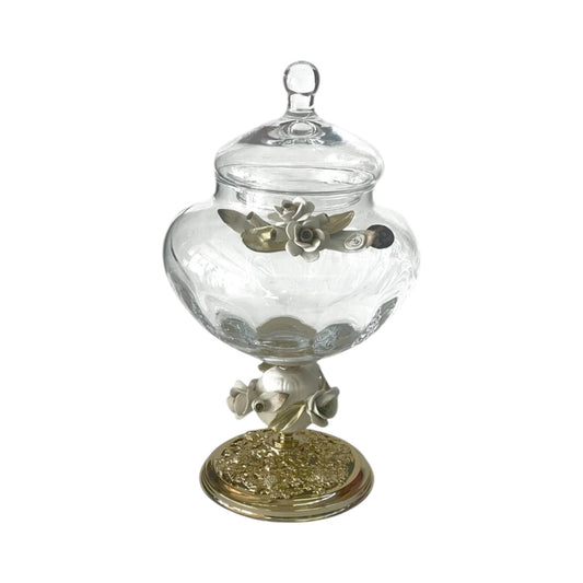 White Crystal - Large Murano Bonbonniere With Cover and Bronze Base - Floral Design - 37x23 cm
