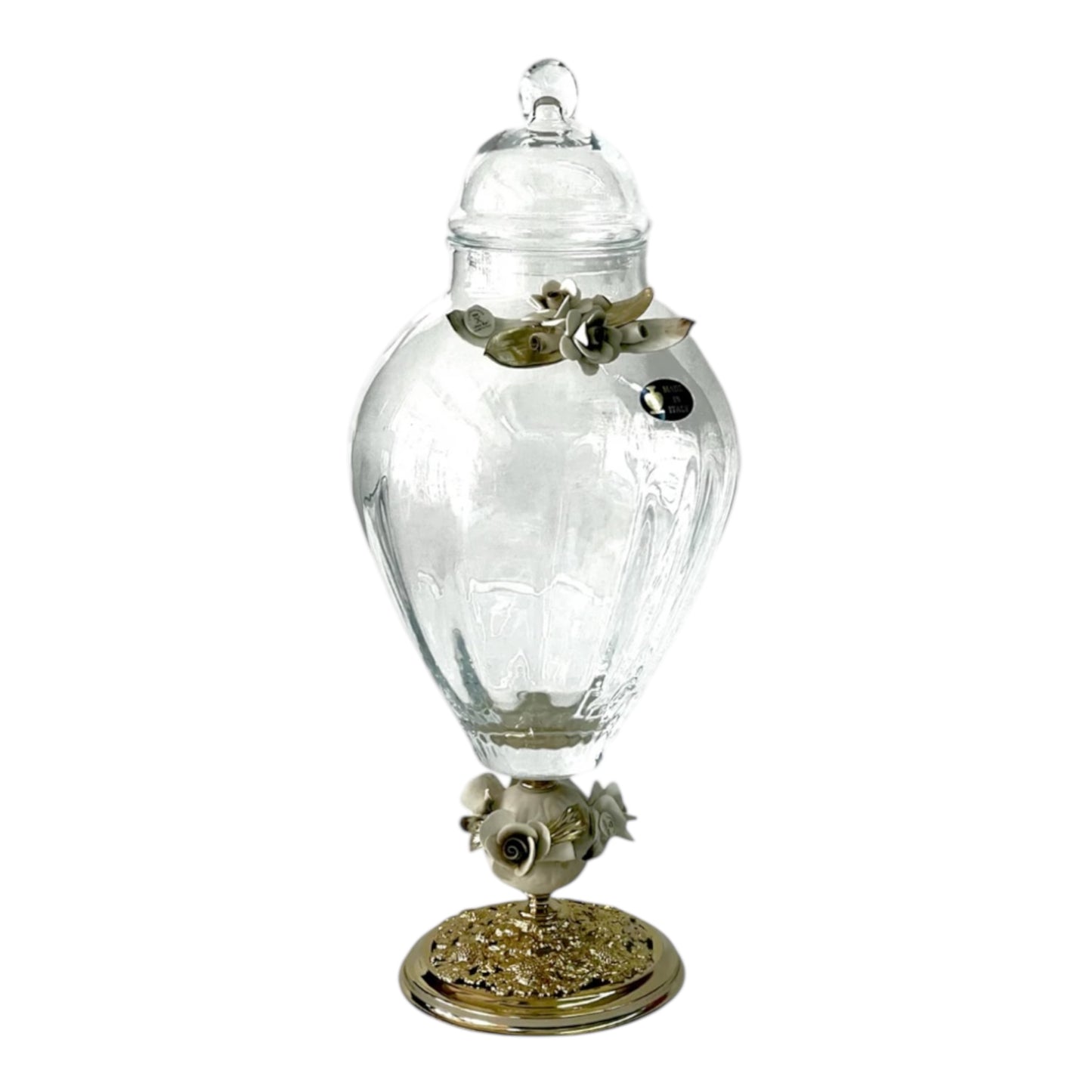 White Crystal - Murano Potiche With Cover and Bronze Base - Floral Design 50x20cm