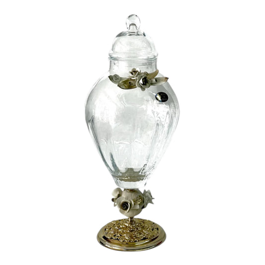 White Crystal - Murano Potiche With Cover and Bronze Base - Floral Design 50x20cm