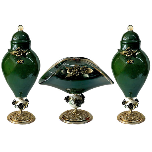 White Crystal - Murano Set 3 Pieces ( 2 Potiche + Basket ) With Bronze Base - Green&Floral Design
